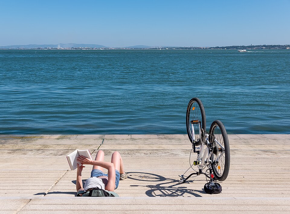 海辺に寝転んで本を読む人と自転車