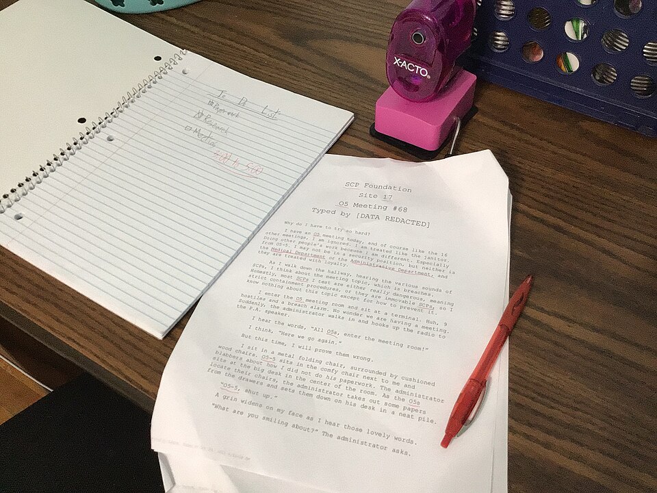 机の上のノートと書類とペン